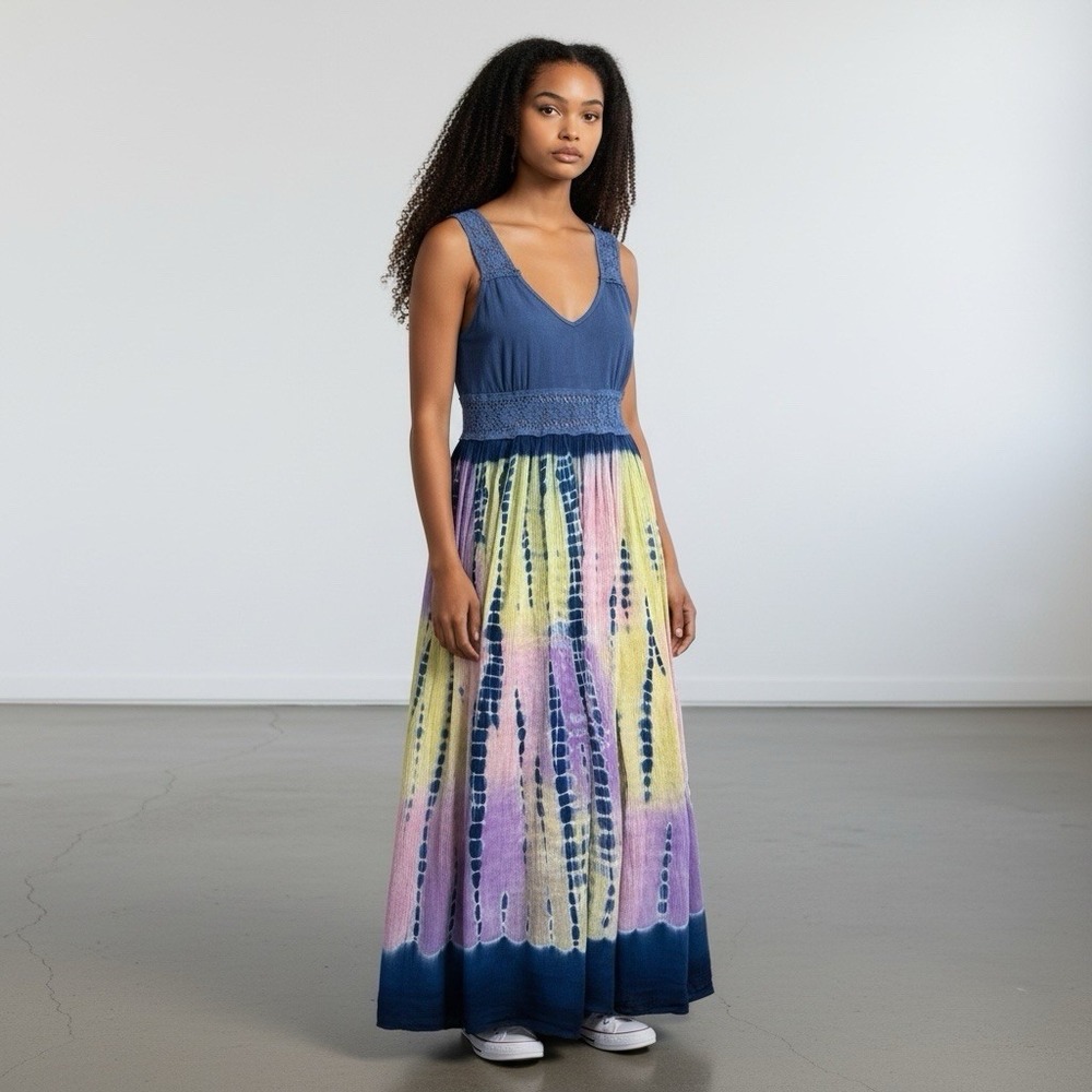 Lola P Dress Womens M Midiā Hem Artsy Boho Mixed Media Geometric